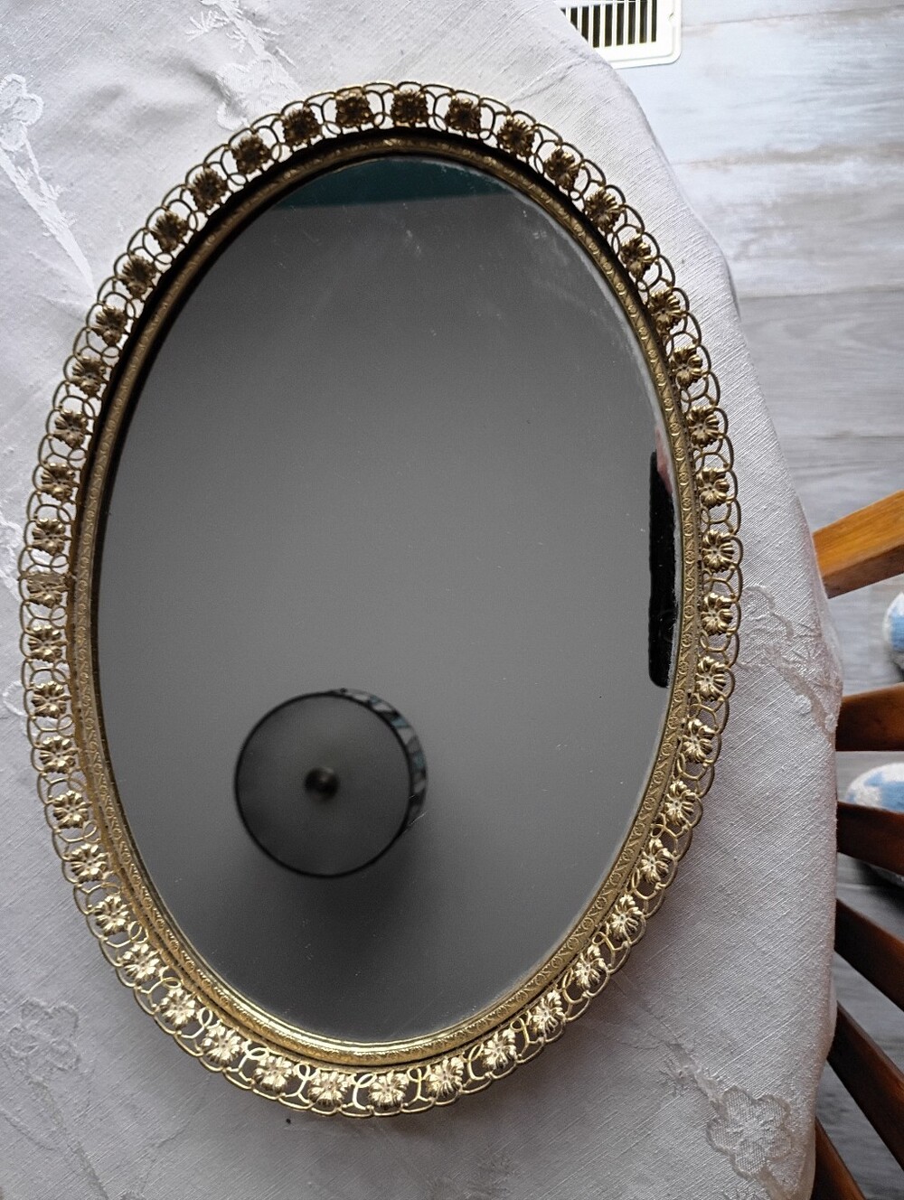 Vintage Gold Oval Ornate Vanity Mirror Tray, Display Perfume, Trinkets, Jewelry